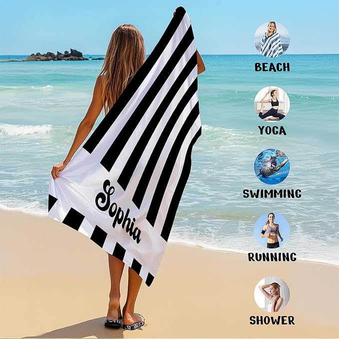 JML Personalized Beach Towel with Name, Custom Cabana Stripe Beach Towel, Customized Microfiber Pool Towel, Quick Dry & Absorbent Swim Towel for Adult,Anniversary, Birthday, Summer Holiday,Vacation