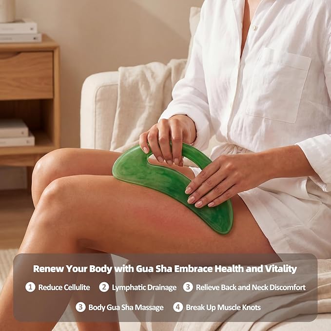 Green Resin Gua Sha Scraping Massage Tool, Handheld Myofascial Release Tool with Handle Hole for Muscle Relief, Lymphatic Drainage, and Body Contouring on Back, Neck, Legs