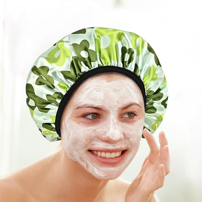 Satin Shower Cap, Three-Layer Terry Cloth Lined, with Silk Hair Ties, Microfiber Waterproof Reusable Large Size Shower Cap for Women Long Thick Hair (Green Flower)