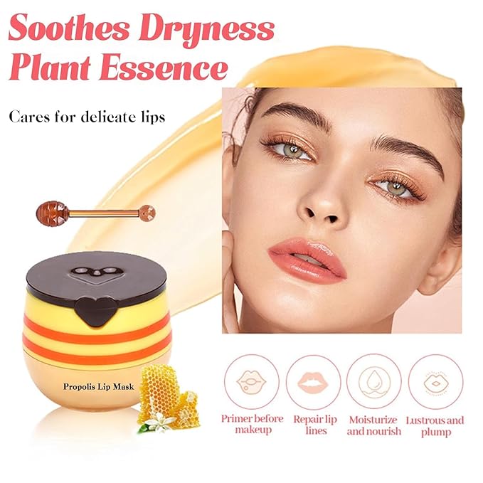 4PCS Strawberry & Bee Lip Balm Honey Pot, Vitamin E & Moisturizing Propolis Sleeping Lip Mask, Effective Reduces Lip Lines Prevention Dry and Cracked Scrubs Exfoliator Lip Wrinkle Care Product