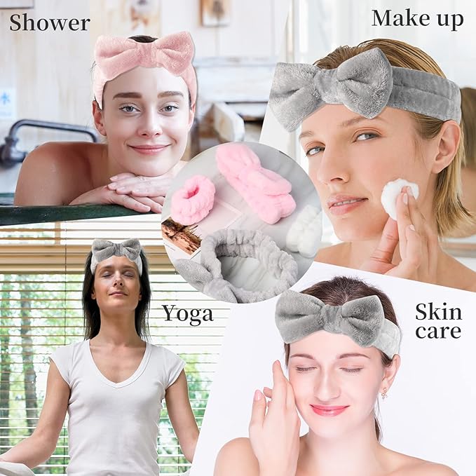 SLNZAPTY 12 PCS Face Wash Headband Wristband Set for Women Girls, Soft Microfiber Facial Spa Hair Wraps Makeup Skincare Bath Headbands Wrist Bands for Washing Face（White, Pink, Gray, Black）