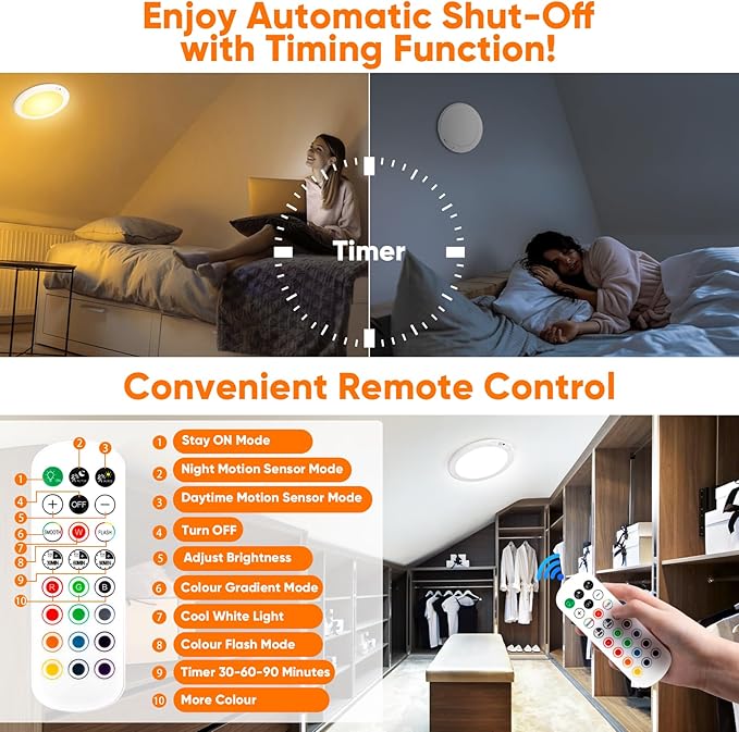 Rechargeable Motion Sensor Ceiling Light with 12 RGB Colors and Cool White Lights, Battery Operated Shower Lamp with Remote, Magnetic Motion Sensor Shower Light for Closet Bathroom Hallway Porch