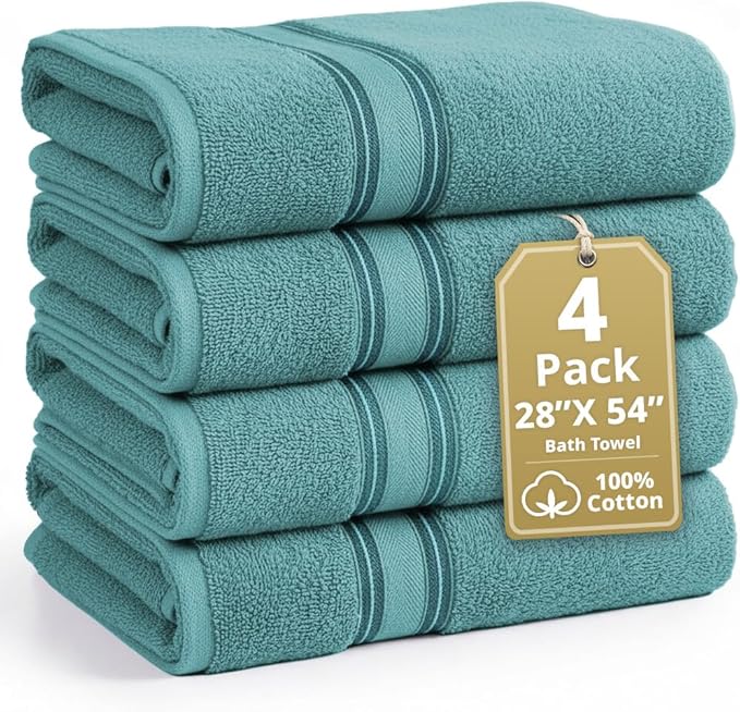 Lane Linen 100% Cotton Bath Towels 4 Pack (28"x54") - Zero Twist, Premium Cotton Large Towels Set for Bathroom - Quick Dry, Soft & Absorbent Large Bath Towel Set - Oeko Tex Certified, Pre Shrunk- Teal