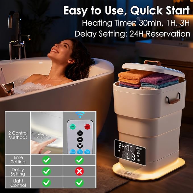 MFTEK 27L Towel Warmer for Bathroom, Foldable Heated Towel Warmers Bucket, Spa-Like Towel Heater with Timer, Auto Shut Off, Ambient Light, Fits Large Towels, Blankets, Bathrobes, Great Gift Idea