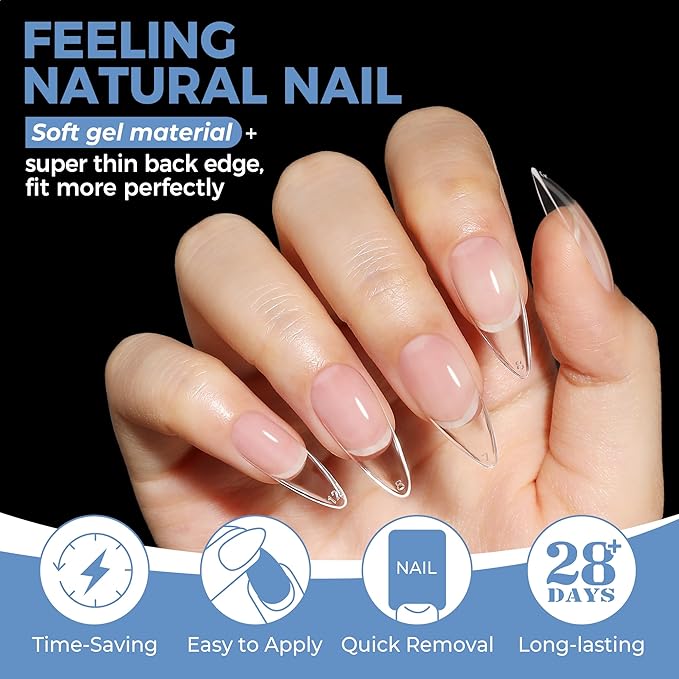 UNA GELLA Medium Stiletto Gel Nail Tips Full Cover 216Pcs Almond Shape Nails Tips Stiletto Pre etched Soft Gel Nails Clear Fake False Nail Tip For Home Art Salon 12 Sizes