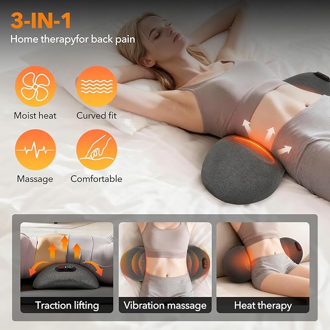 3-in-1 Neck Massager Pillow with Heating & Cervical Traction, Ergonomic Cervical Pillow for Neck Back Shoulder Pain Relief,Cervical Traction Suppor, Mathers Day Gifts (Gray Lumbar Pillow)