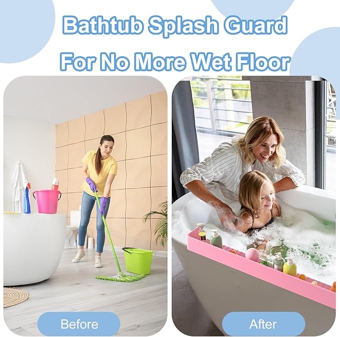 Splash Guard for Bathtub Kids, Silicone Bath Splash Guard Play Shelf, Tub Water Guards Longer Bath Toy Tray Holder, Bath Tub Splash Guard Prevent Water Spills in Bathroom (2.6FT, Pink)