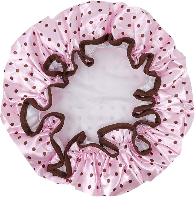 allydrew Reusable Women's Waterproof Shower Caps for Long Hair, Pink Polka Dots