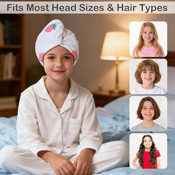 2 Pack Microfiber Hair Towel Wrap for Girls, Quick Dry Hair Turban for Kids, Absorbent Frizz-Free Hair Drying Towel with Button for Long Thick Curly Hair, Pink White Strawberries