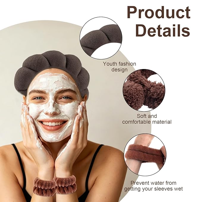 Zkptops 6Pcs Spa Headband for Washing Face Wristband Set Sponge Makeup Skincare Terry Cloth Headband Bubble Soft Bear Ears Hairband Women Puffy Padded Headwear Non Slip Hair Accessory(Dark Brown)