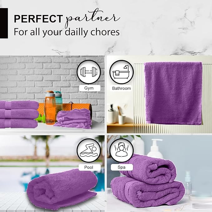 KAHAF COLLECTION 100% Cotton Bath Towels, 24x48 Pack of 6 Towels, Quick Dry, Highly Absorbent, Soft Feel Towel, Gym, Spa, Bathroom, Shower, Pool, Luxury Soft Towels (Light Purple, 24x48-6 Pack)