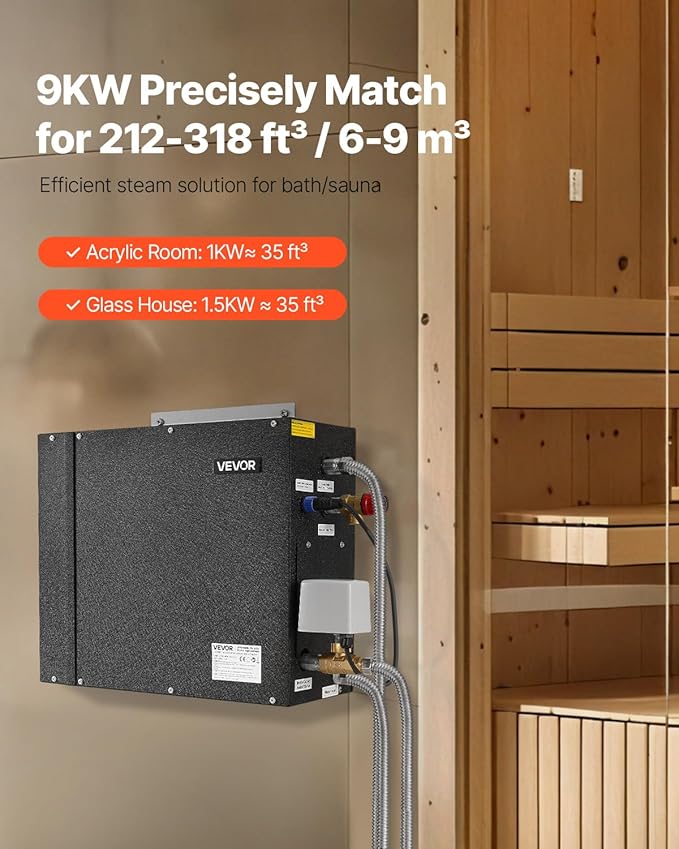 VEVOR Steam Generator, 9 kW Steam Shower System with Controller for Home Sauna & Spa, Commercial Auto Drain Kit with Overheat, Dry-Run & Overpressure Protection, 10min to 24h Timer, Black