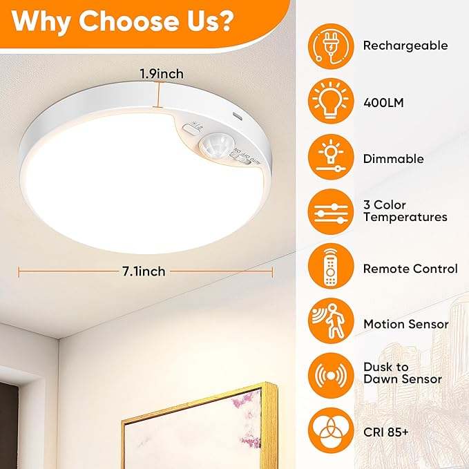 10000mAh Rechargeable Motion Sensor Ceiling Light with Remote, Battery Operated Closet Light No Wiring, Magnetic Wireless LED Ceiling Lights,3 Color Indoor Overhead Lamp for Shower Pantry Shed Hallway