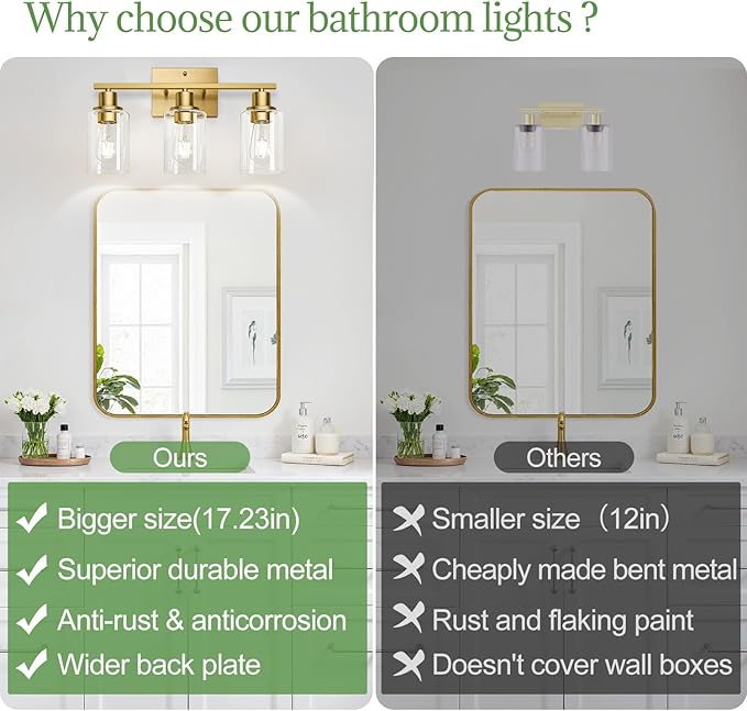 MOKATNG 3-Light Bathroom Light Fixtures, Vanity Light with Clear Glass Shades, Brushed Gold Bathroom Light Fixtures Over Mirror, Modern Bathroom Wall Lamp for Mirror Living Room Cabinet Bedroom