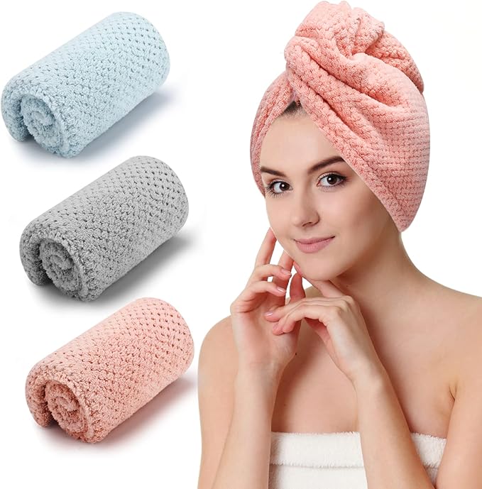 CZZXI 3 PCS Microfiber Hair Towel, Hair Wraps for Women Wet Hair, Fast Drying Hair Turban, Anti Frizz Head Towels Wrap for Curly Hair (Grey, Pink, Blue)