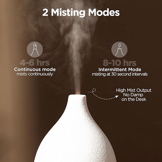 InnoGear Oil Diffuser, 150ML Ceramic Diffuser for Essential Oils Handcrafted Aromatherapy Diffuser Mother's Gift Ultrasonic Cool Mist Humidifier with 2 Mist Modes Waterless Auto Off for Home, White