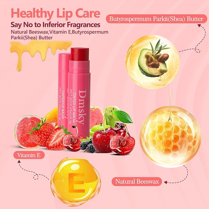 Dmsky 16 Pack Fruity Tinted Lip Balm Bulk,3-In-1 Moisture,Repair and Color Lip Tint Stain,8 Assorted Flavors Lip Balms & Moisturizers Bulk Gifts for Women,0.15 OZ Natural Lip Balm Tinted with Beeswax
