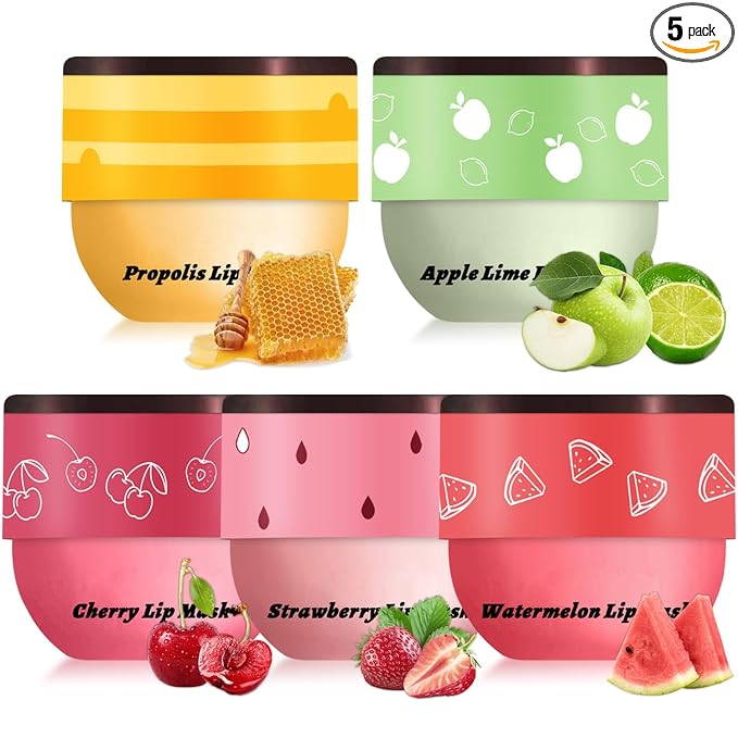 5 PCs Bee Balm Lip Mask, Moisturizing Lip Balm & Scrubs, Hydrating, Prevents Dry & Cracked Lips - Strawberry & Watermelon Flavors