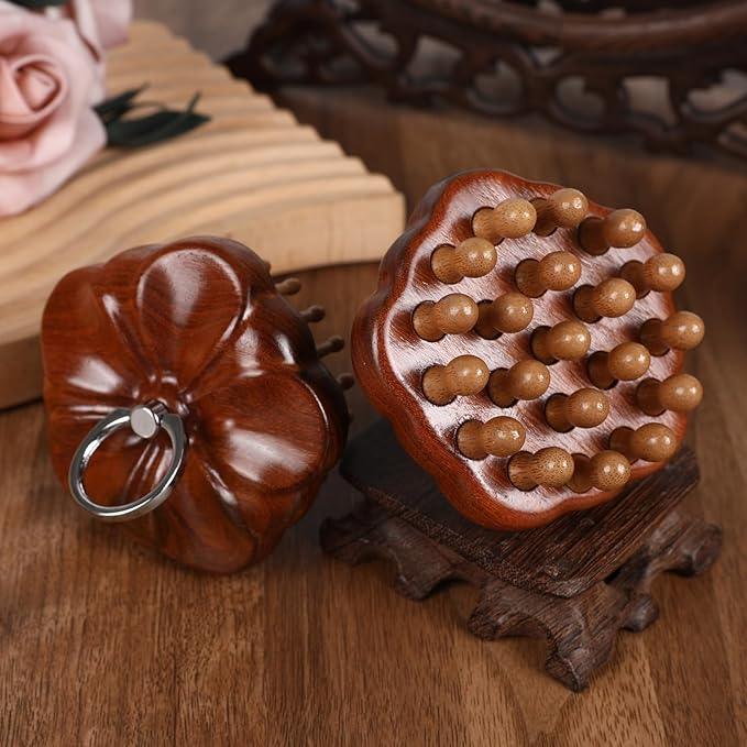 Wooden Massage Massager for Hair Growth,Head Scalp Comb,Manual Body Relax Massage Tool,Hair Brush Massager,Flower Design with Ring (20PCS Big Tooth)