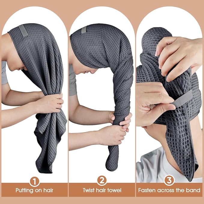 GLIMGLINT 2 Pack Microfiber Hair Towel Wrap for Women Long, Curly Hair, Super Soft Hair Drying Towel, Fast Drying Waffle Hair Towel Wrap with Elastic Strap 40"X26.5" (Grey/Brown)