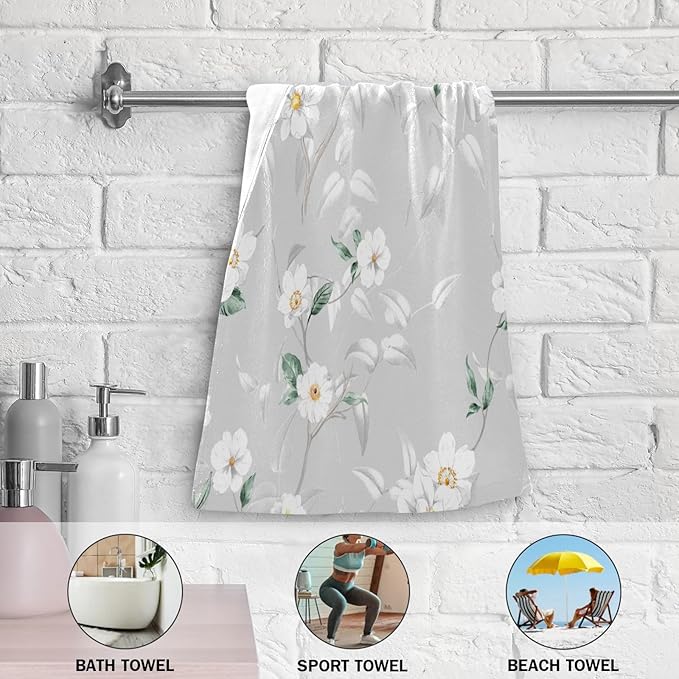 White Grey Blossom Flower Hand Towels for Bathroom Set of 2,Gray Green Leave Branches Floral Decorative Bathroom Towels for Bath,Face,Hair,Soft Absorbent Dish Towels for Kitchen Decor 28"x14"