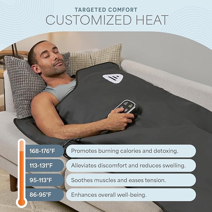 LifePro RejuvaWrap Infrared Sauna Blanket for Detox & Relaxation – Low EMF Carbon Fiber Heating, 9 Temp Levels, 5 Colors – Portable Sauna Blanket Infrared with Waterproof Interior & Carry Bag
