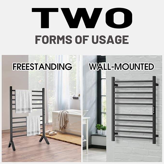 Poloma Wall Mounted & Freestanding Towel Warmer Rack for Bathrooms, Electric Heated Towel Rack Heater, Stainless Steel, Matt Black.