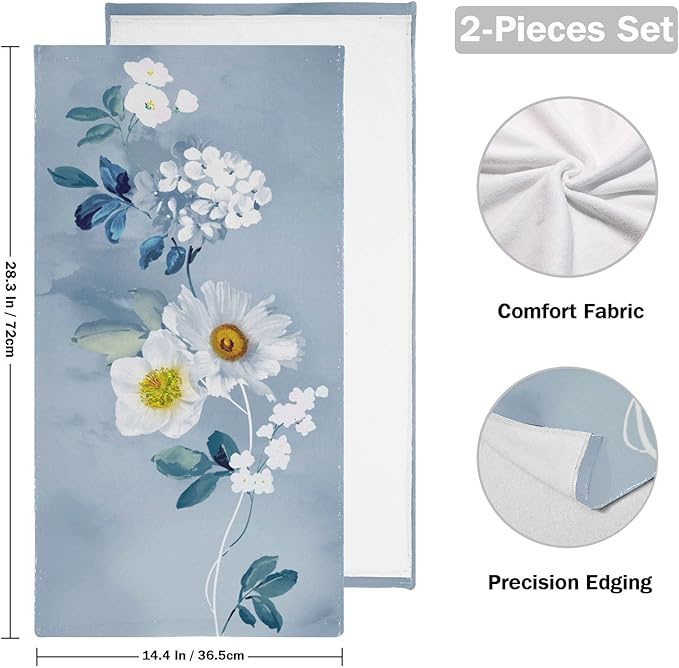 Blue White Floral Botanical Hand Towels for Bathroom Set of 2,Vintage Watercolor Navy Flower Leaf Decorative Bathroom Towels for Bath,Face,Hair,Soft Absorbent Dish Towels for Kitchen 28"x14"