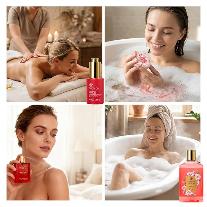 32 Pcs Mother's Day Gift, Red Rose Bath and Body Gift Basket Set for Women, Hydrating Face Skin Care Set, Home Spa Basket, Self Care Set, Birthday, Christmas, Anniversary, Wife, Mom