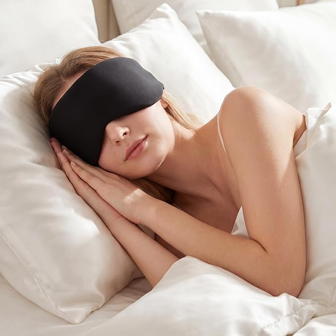 Silk Sleep Mask for Side Sleepers - Mulberry Silk Ultra Soft Light Blocking Eye Covers for Sleeping, Comfortable Eye Cover for Night Sleep Travel Airplane Home Sleepover Gift (Black)