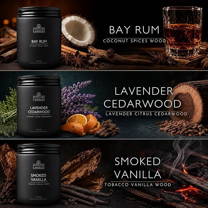 Mens Candle 3 x 8oz Pack Smoked Vanilla Bay Rum and Lavender Cedarwood Scents