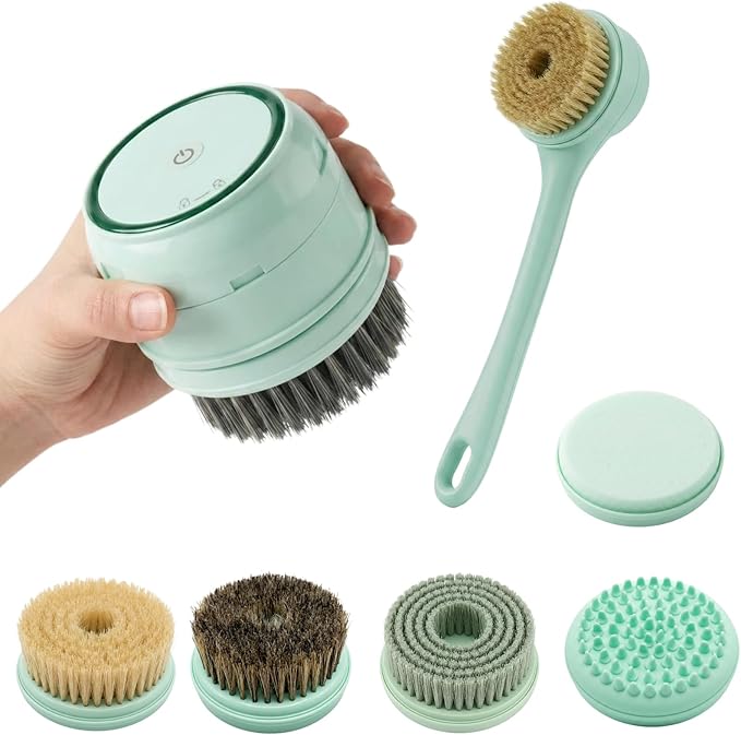 Electric Dry Brushing Body Brush for Lymphatic Drainage: Natural Bristle 5-in-1 Dry Brush with Handle for Cellulite, Exfoliating, Waterproof Back Shower Scrubber for Men/Women