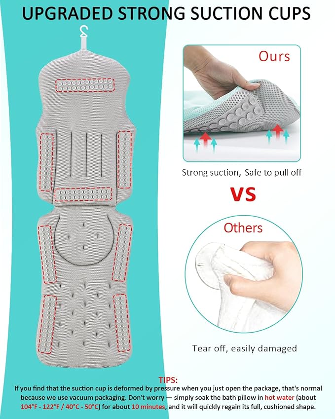Full Body Bath Pillow for Bathtub, 5D Thick Tub Pillow for Bathtub with 192 Non-Slip Suction Cups, Laundry Bag & Hook, Bathtub Pillow for Head, Neck & Back Support (Green, 51"*15")