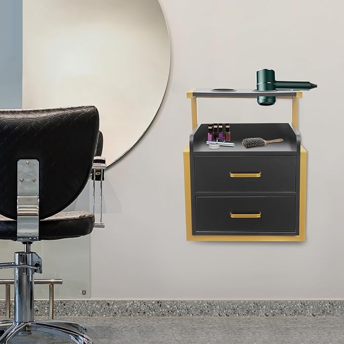 Suspended Salon Wall Cabinet with 2 Drawers & Hair Dryer Holder, Storage Cabinet for Hair Salon, Wall Mounted Styling Station, 15.75'' Wide Storage for Hair Salons, Spas, Home Use (Black)