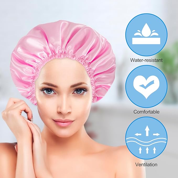 Shower Cap for Women Set of 4, Bath Caps, Double Layers Hair Caps + 3 Satin Hair Scrunchies, Reusable Waterproof Shower Caps, Elastic Hair Cap for Shower - Pattern B