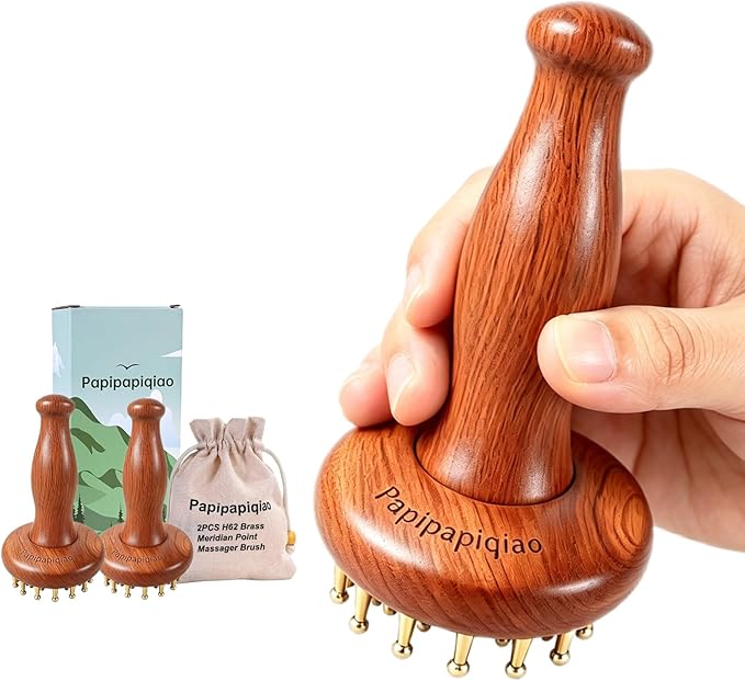 29teeth Copper Head Massage Comb for Body and Scalp Meridian Point Massager Brush for Body and Scalp Relief Body Massage Brush for Cellulite Remover Chinese SPA Gua Sha Tool Wooden Handle 按摩梳, 经络刷