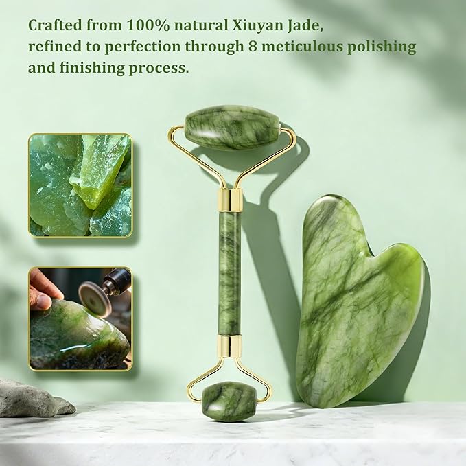 MANLENO Jade Roller & Gua Sha Set - Natural Jade Face Roller Facial Massage Skincare Tools for Women,Reduce Puffiness and Fine Lines (Forest Green)