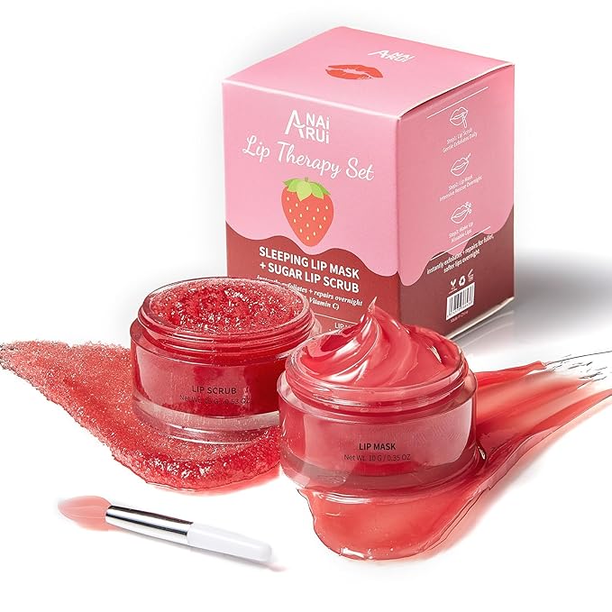 Lip Scrub & Lip Mask Set, Overnight Treatment Lip Care Products, Mothers Day Gifts Set for Mom, Moisturize & Nourish, Dry Cracked Lips, Intense Hydration with Vitamin C, Overnight Lip Mask