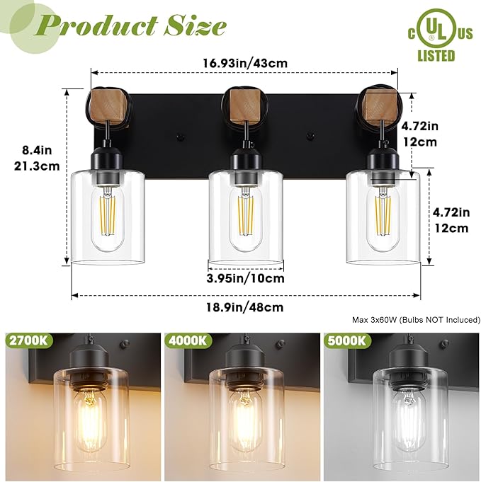 Licperron Farmhouse 3-Lights Wood Bathroom Vanity Light, Rustic Black Bathroom Light Fixtures Over Mirror, Vintage Vanity Wall Sconce Light with Clear Glass Shades for Living Room, Bedroom, Hallway