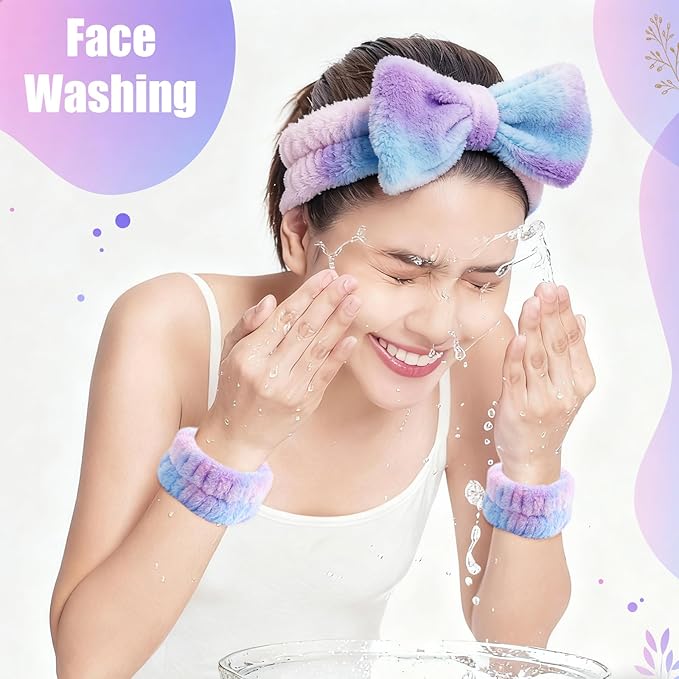 Giesiery SPA Headbands and Wristband Set for Face Washing with Clear Bag Cute Skincare Makeup Headband Wrist Bands Hair Clips for Women Teenage Girls Gifts Trendy Stuff Tie-dye Purple