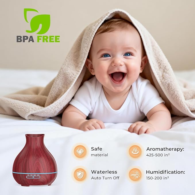 BZseed Aromatherapy Essential Oil Diffuser 550ml 12 Hours Wood Grain Aroma Diffuser with Timer Cool Mist Humidifier for Large Room, Home, Baby Bedroom, Waterless Auto Shut-off,7 Colors Lights Changing