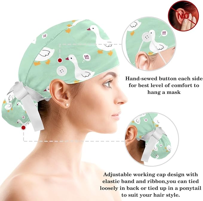 Scrub Caps Women Ponytail Cute Pink and White Leaves Caps Bouffant Working Hat Elastic Tie Back Hats with Button