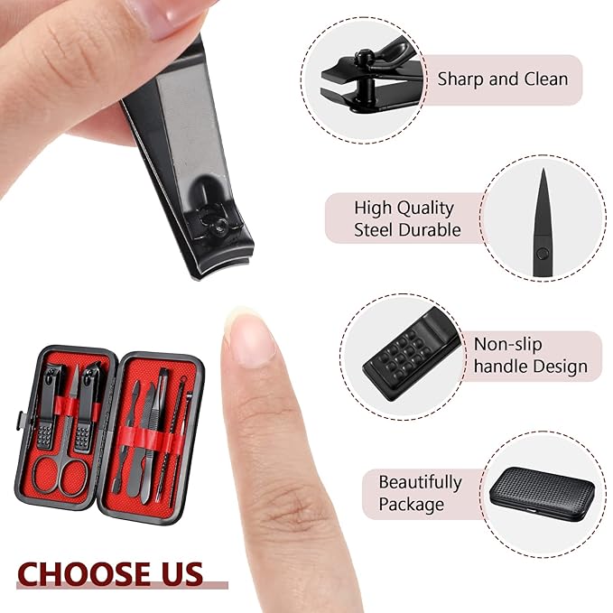 Hanaive 6 Set Manicure Set 48 Pcs Nail Clippers Pedicure Kit Gift for Mother's Day 8 in 1 Stainless Steel Grooming Kit Professional Nail Care Tools with Luxurious Travel Case for Men Women(Black, Red)