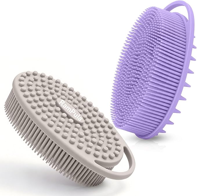 RamPula Silicone Body Scrubber, Silicone Loofah, Quick-Dry Exfoliating Body Brush for Wet or Dry Brushing, More Hygienic Than Traditional Loofah, Long-Bristle Brush, Purple and Starlight