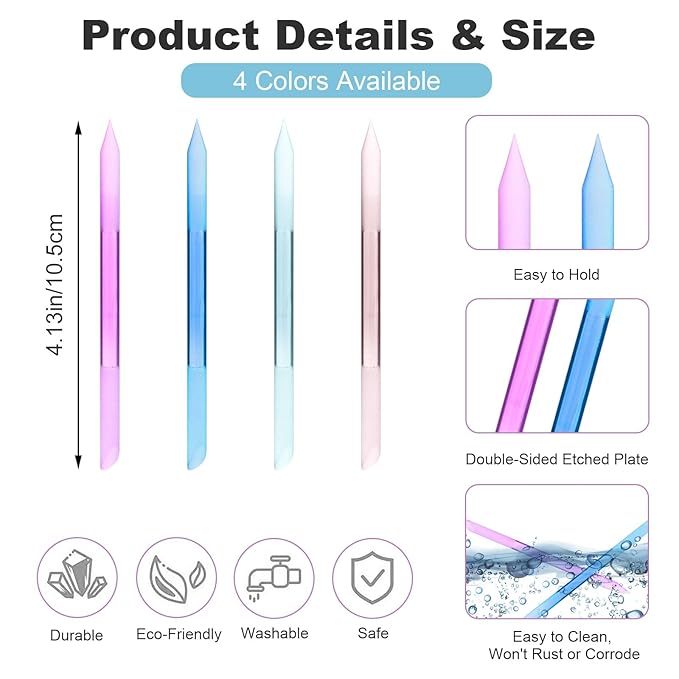 4PCS Glass Cuticle Pusher Tool, Dual-Ended Manicure Stick, Crystal Glass Nail File Women Professional Precision Filing Cuticle Remover Tools for Natural Nails & Cuticles Care (Purple Green Blue Pink)