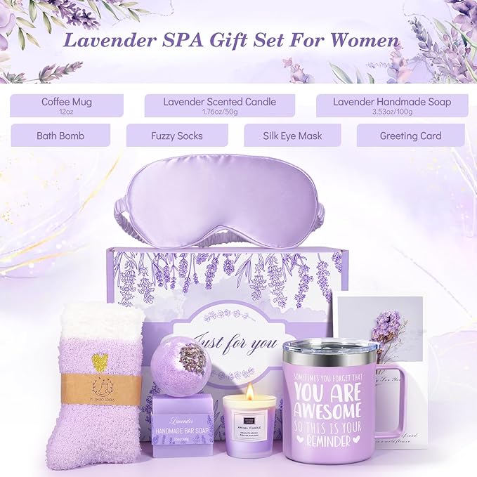 Mothers Day Gifts for Mom, Birthday Gifts for Women Lavender Spa Gift Basket for Women Self Care Relaxing Bath Set Purple Inspirational Gift for Wife Her Female Sister Teacher Nurse Friends Employee