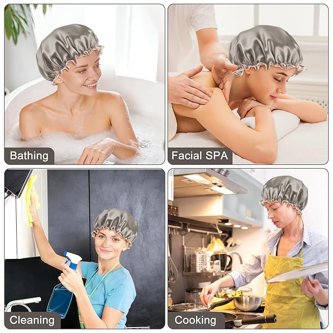 Waterproof Shower Caps for Women, Solid Color Dual-Layer Elastic Band Design Bath Hair Hat, Protects Hair In Shower, Spa, Cooking, Clean & Travel (Grey)