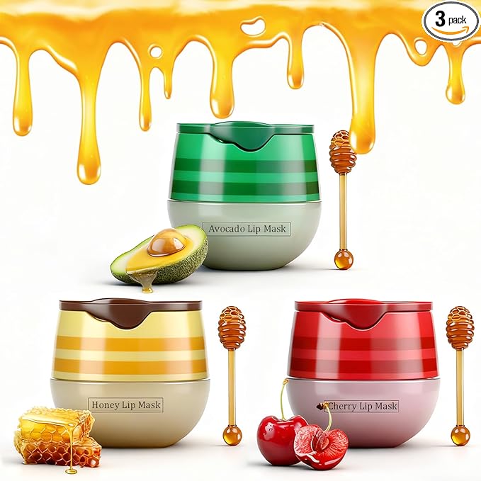 3PCS Bee Lip Balm Honey Pot, Moisturizing Avocado Propolis lip Mask,Hydrating Prevention Dry and Cracked Scrubs Exfoliator, Sleep Mask Reduces Lip