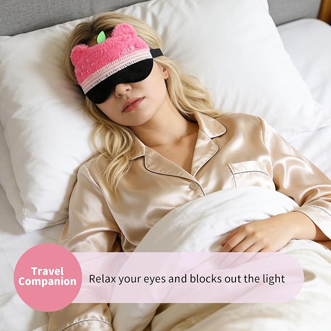 PERFECTSIGHT Sleep Eye Masks, Cute Bear Plush Sleep Eye Cover Lightweight Adjustable Eyeshade Faux Fur Mask Cover for Women Men Kids Sleep Travel Nap, Rose Pink Cake