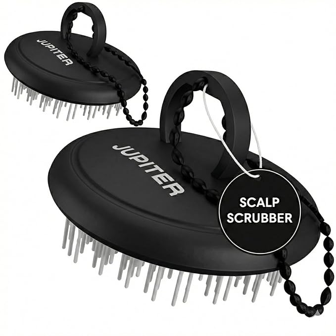 Jupiter Scalp Exfoliator - Scalp Massager Tool for Wet & Dry Hair - Ergonomic Detangler Brush - Dandruff Comb & Scrub to Remove Dandruff & Buildup and Support Circulation - 2 Pack, Black